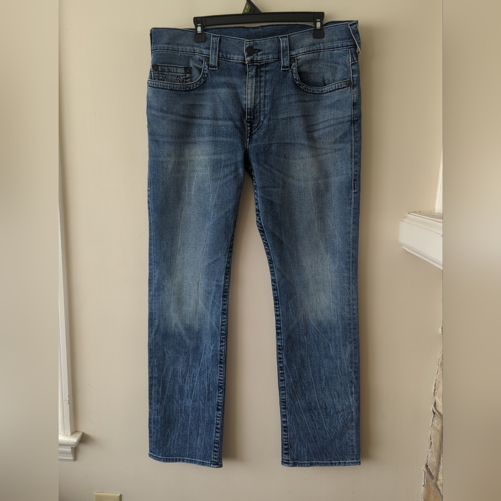 True Religion Ricky Relaxed Straight Stretch Denim Jeans Dark Wash 36x33 Men's